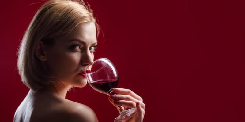 Una donna sexy sorseggia un bicchiere di vino